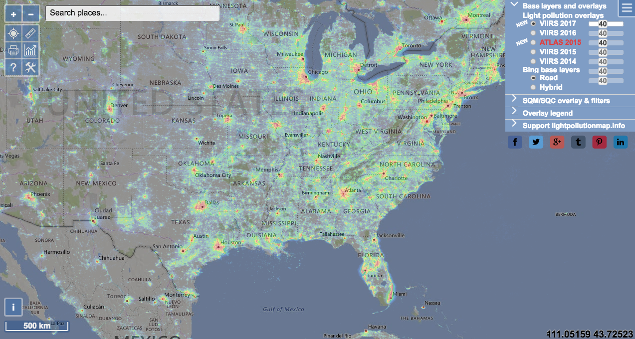 Image of United States and light pollution across the country.